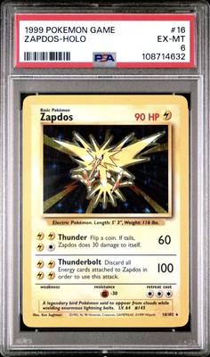 1999 Pokemon Game Unlimited Base Set Zapdos Holo 16/102 PSA 6 EX