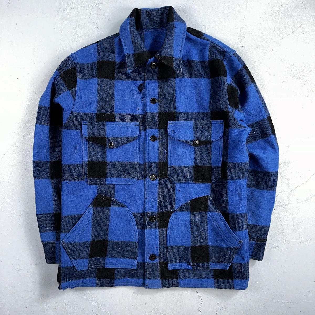 Filson CC Wool Mackinaw Cruiser Jacket Blue Plaid L Distressed VTG