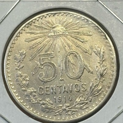 Mexico 50 Cents 1914 .800 Coin Silver Large-Size, KEY-DATE, Moneda