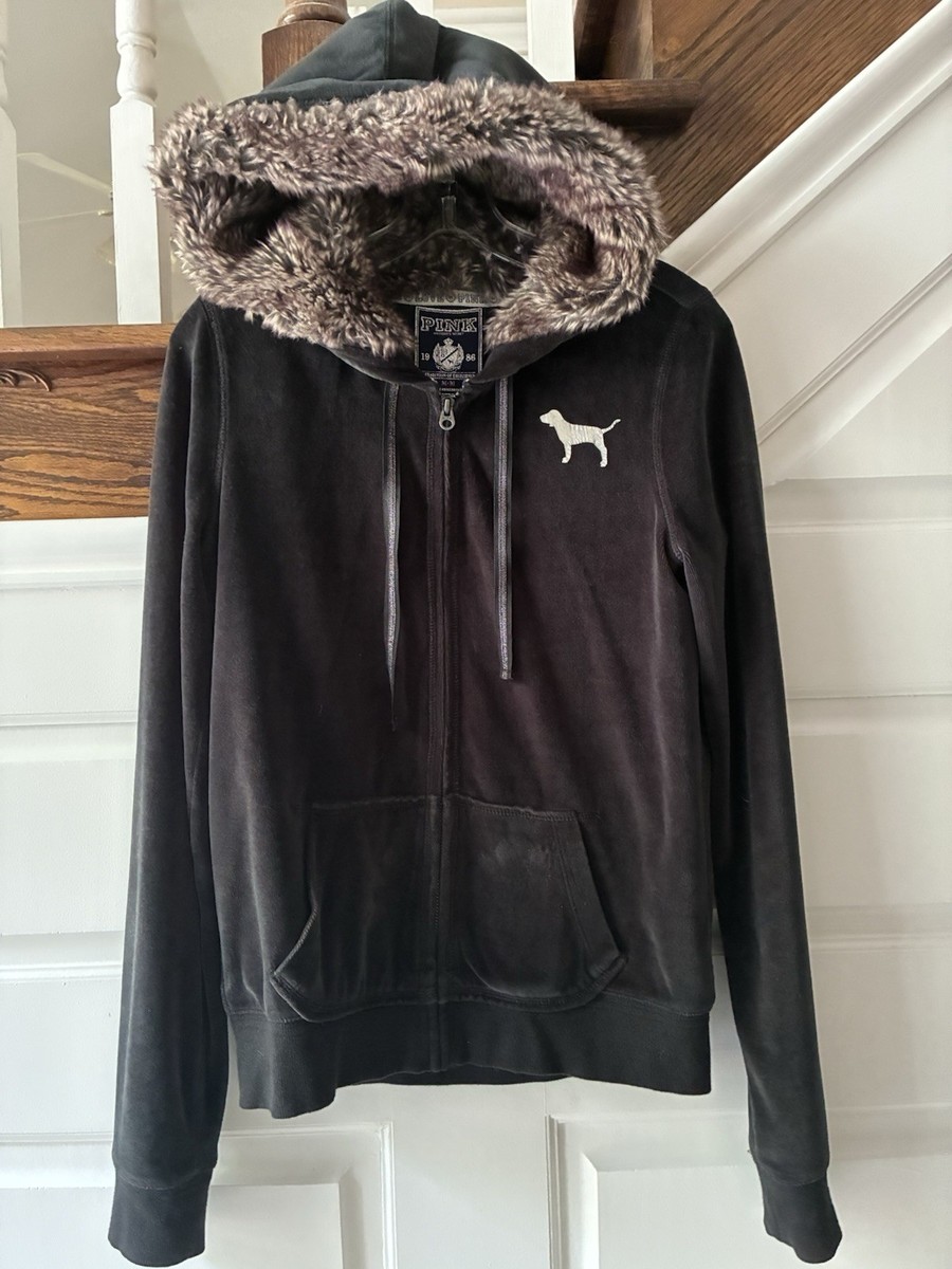 Vtg Victoria Secret Pink Velour Y2K Bling Fur Lined Hood Zip