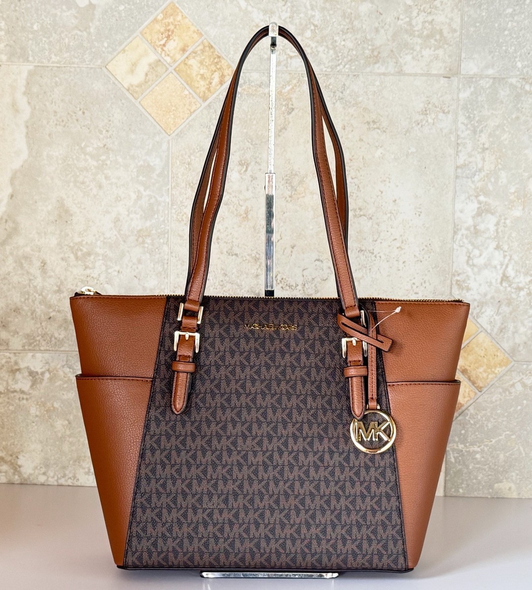 MICHAEL KORS CHARLOTTE LARGE TOP ZIP TOTE SHOULDER BAG MK BROWN | eBay