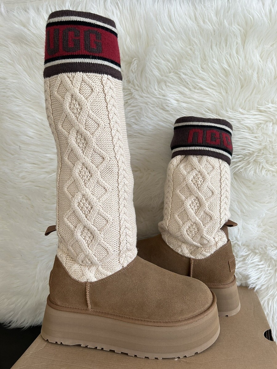 UGG Women's Classic Sweater Letter Platform Suede Chestnut Boots