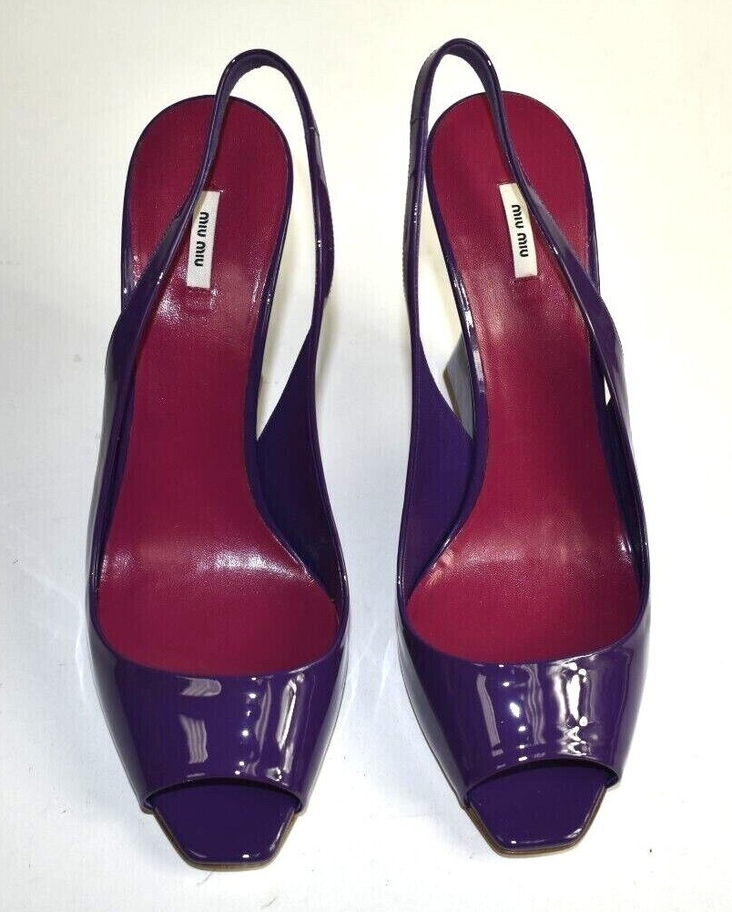NEW Miu Miu Patent Leather Wedge Pumps Purple Slingback Peep Toe