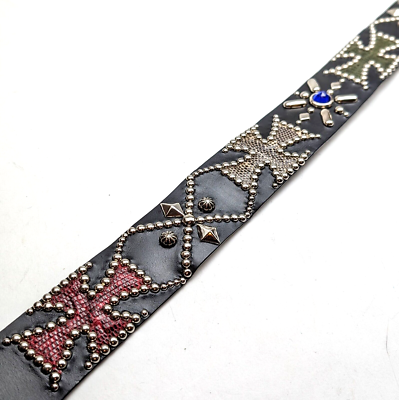 Handmade Black Leather Studded Belt Iron Cross Design Mens Biker