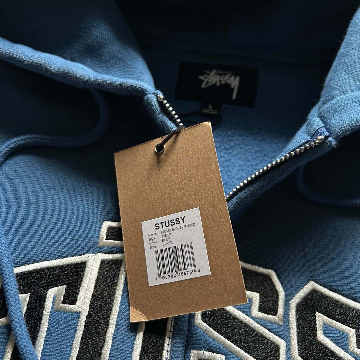 Stussy Sport Embroidered Spell Out Zip Up Hoodie Men's Large Blue