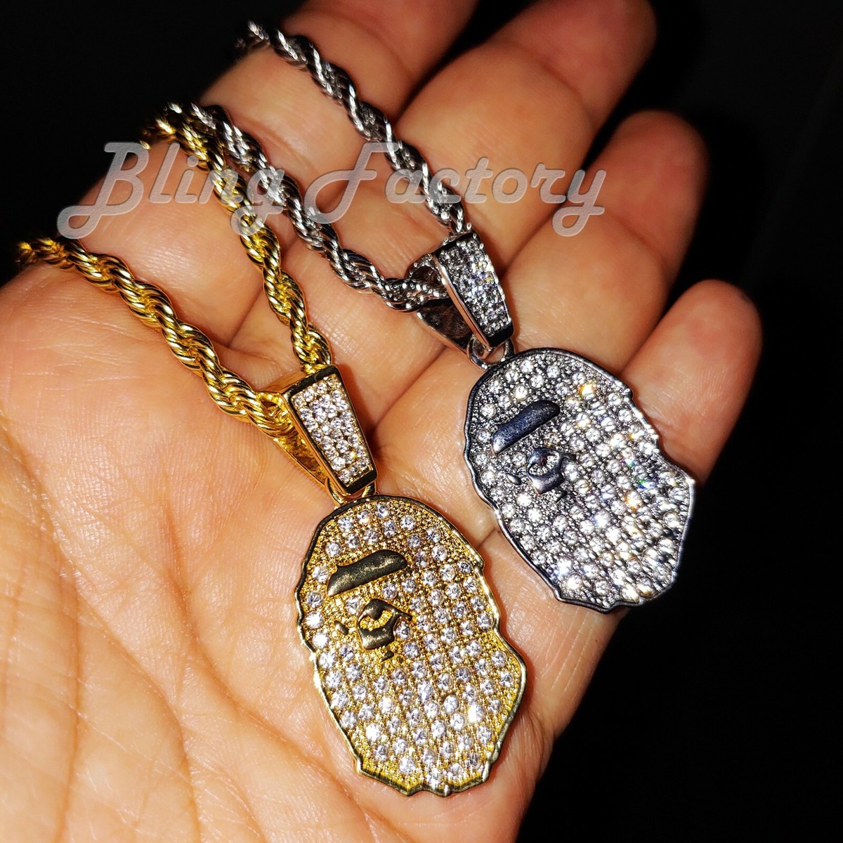 Hip Hop Jewelry Iced Gold & Silver PT BAPE Pendant & 4mm 24