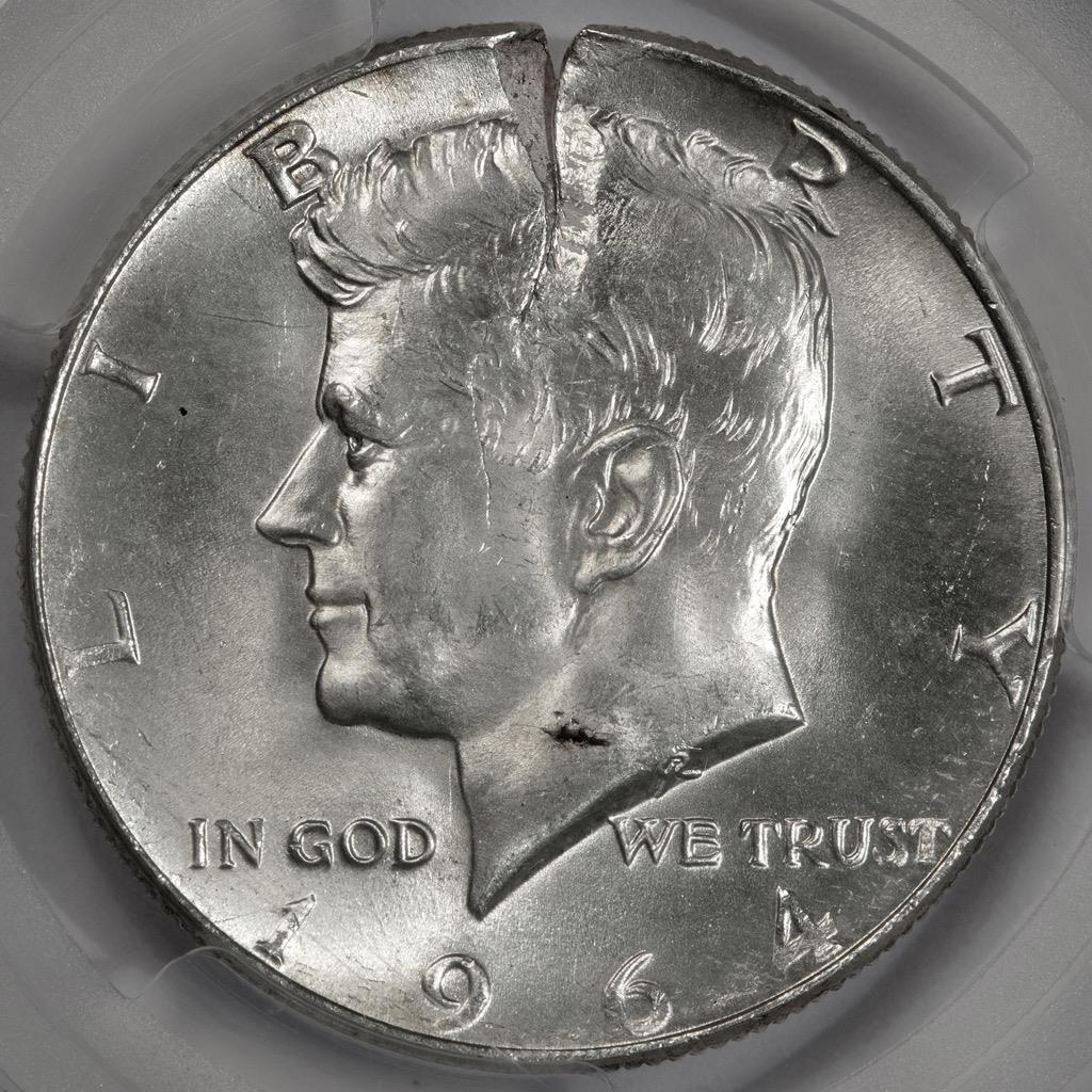 1964 PCGS MS64 Large Cracked Planchet Kennedy Silver Half Dollar