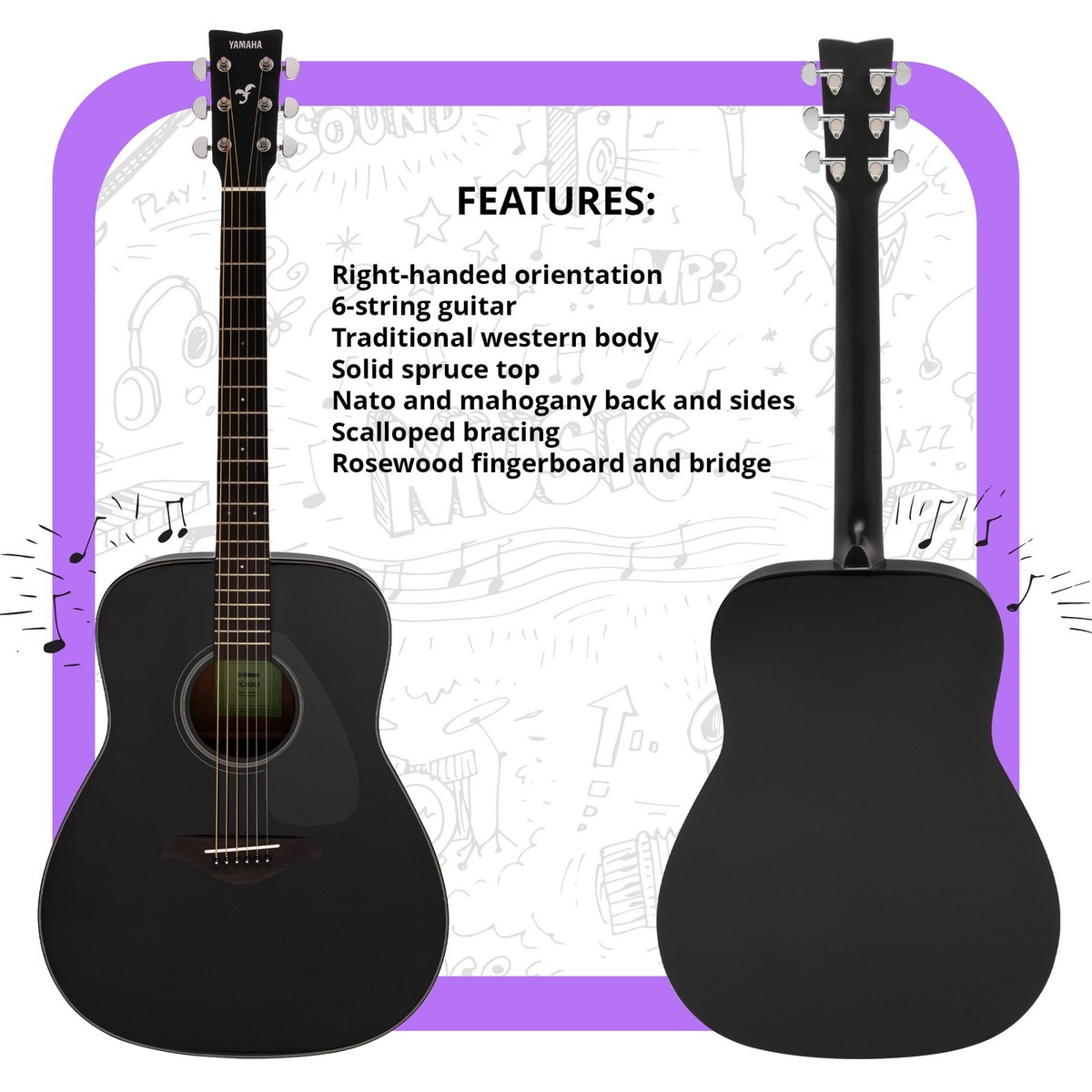 Yamaha FG800J Solid Spruce Top 6-String Acoustic Guitar (Black) | eBay