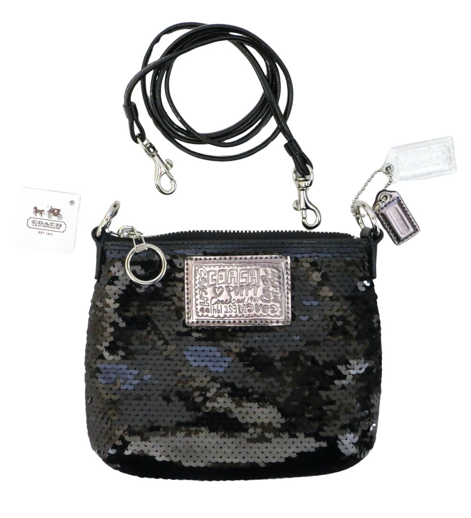 New NWT Coach Poppy BLACK Sequined DISCO Crossbody Swingpack Purse