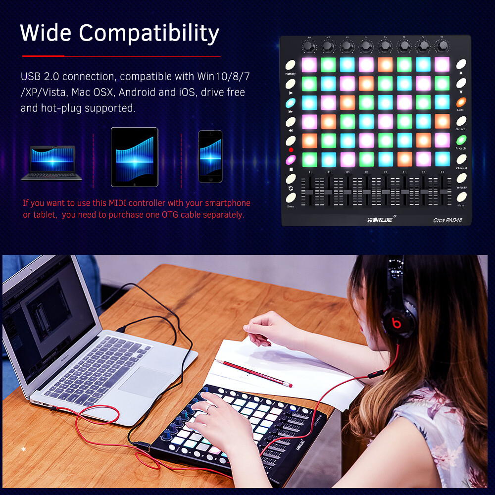 WORLDE PAD48 Portable USB MIDI Drum Pad Controller 48 RGB Backlit