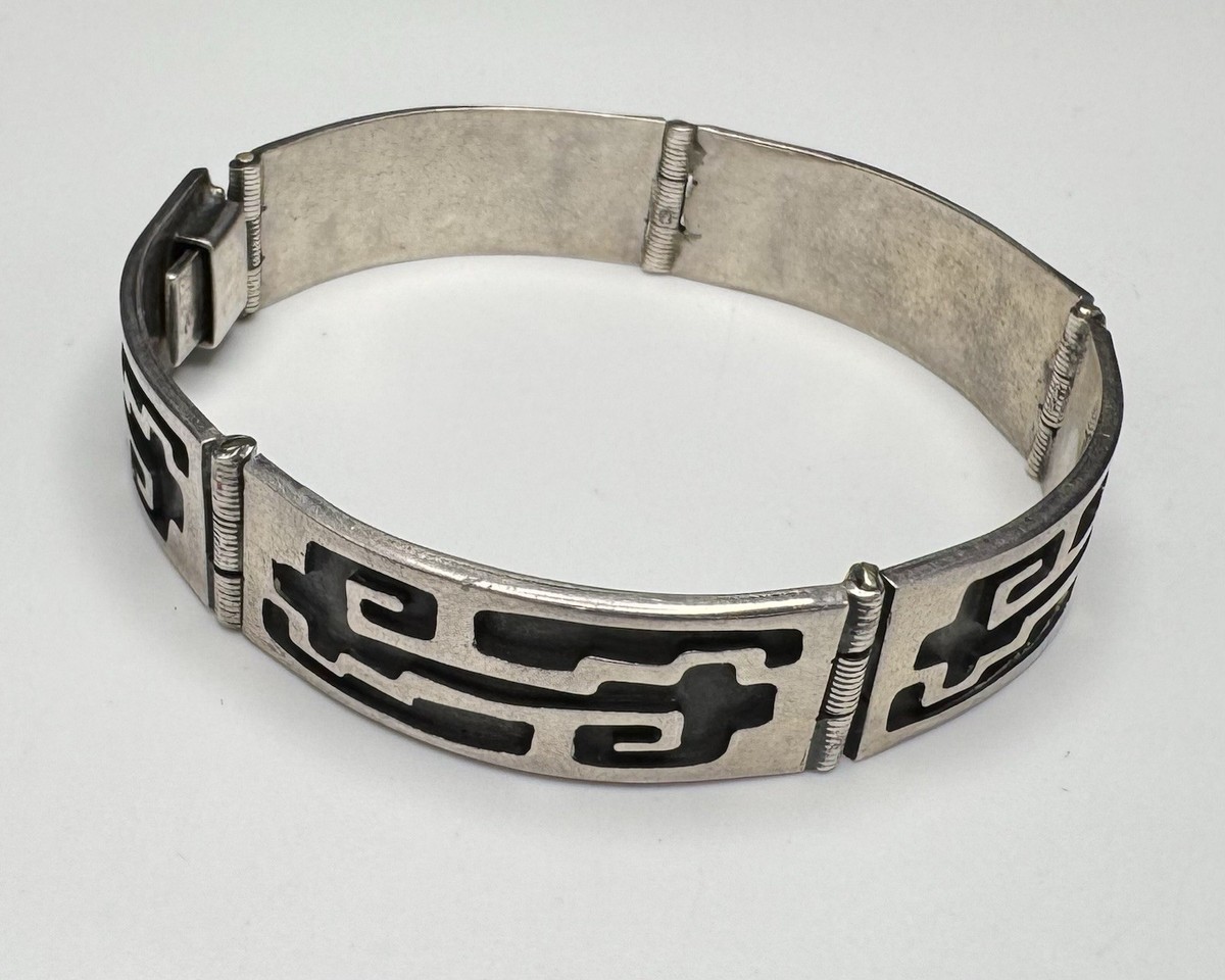 Vtg Mexican Sterling Silver Panel Bracelet Geometric Design IF-09