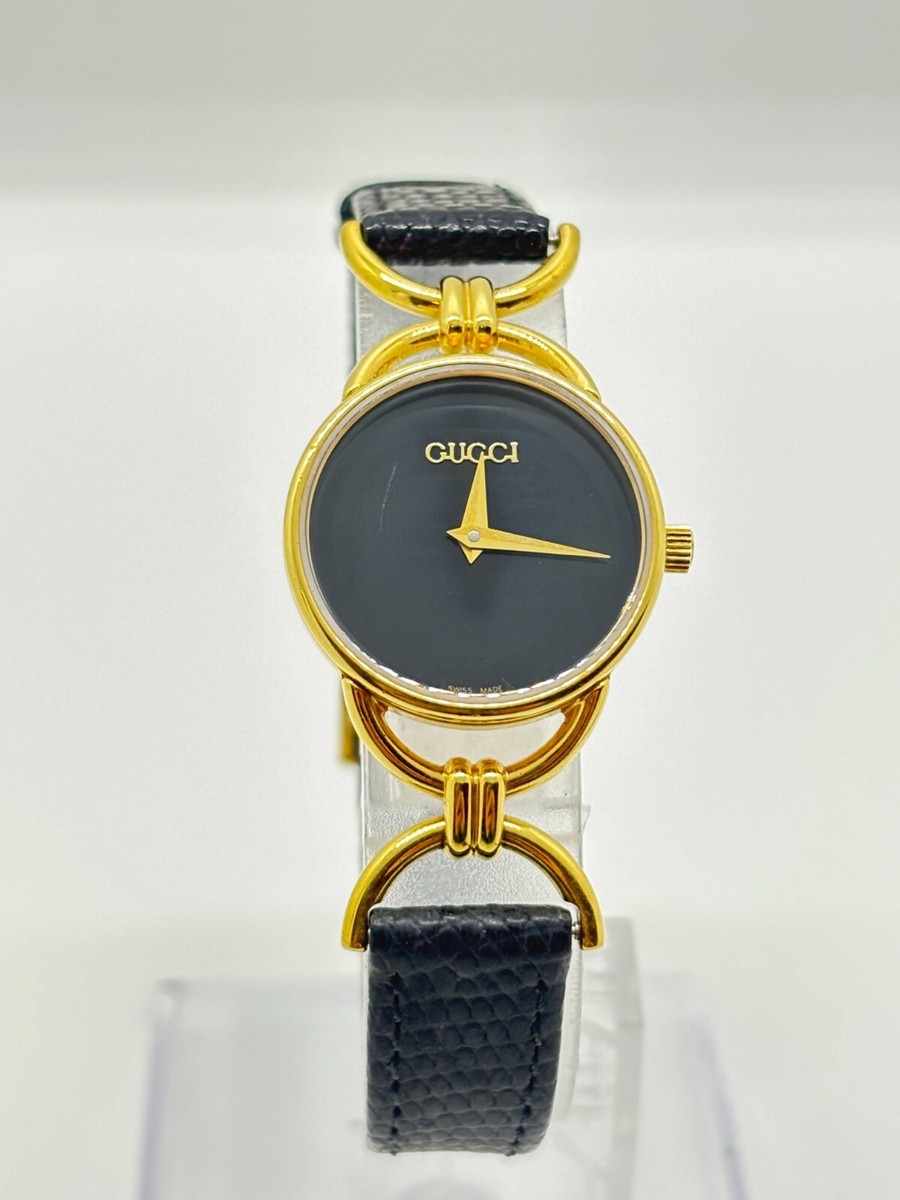 Exc+5] Gucci 6000.2.L Gold Plated Black Dial Ladies Watch Used