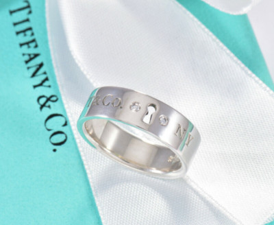 Tiffany & Co Sterling Silver Two Diamond Keyhole Lock Ring Size 6