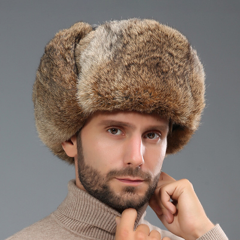 Mens Winter Real Genuine Rabbit Fur Hat Russia Trapper Earflap Ski