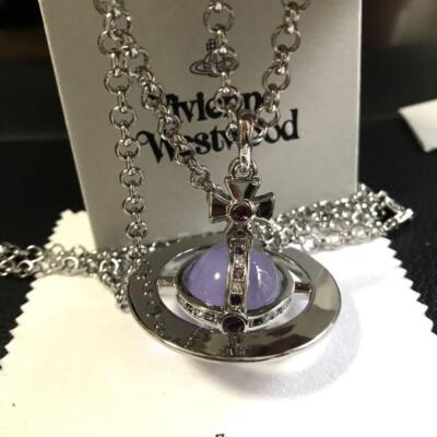 Vivienne Westwood Necklace Small Orb Silver Purple Chain 80cm Top