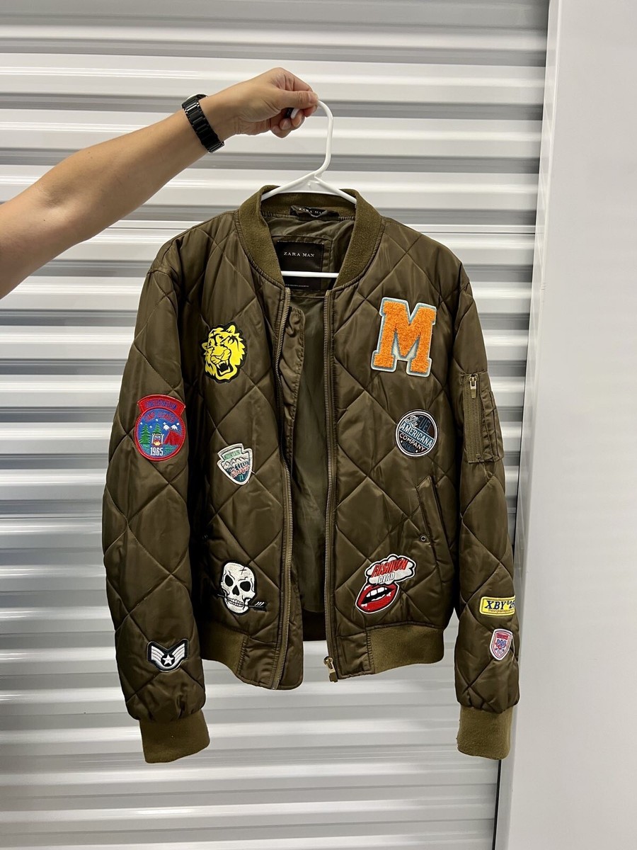 Zara Man Men's Green Bomber Patches Full Zip Jacket Size XL Zombie