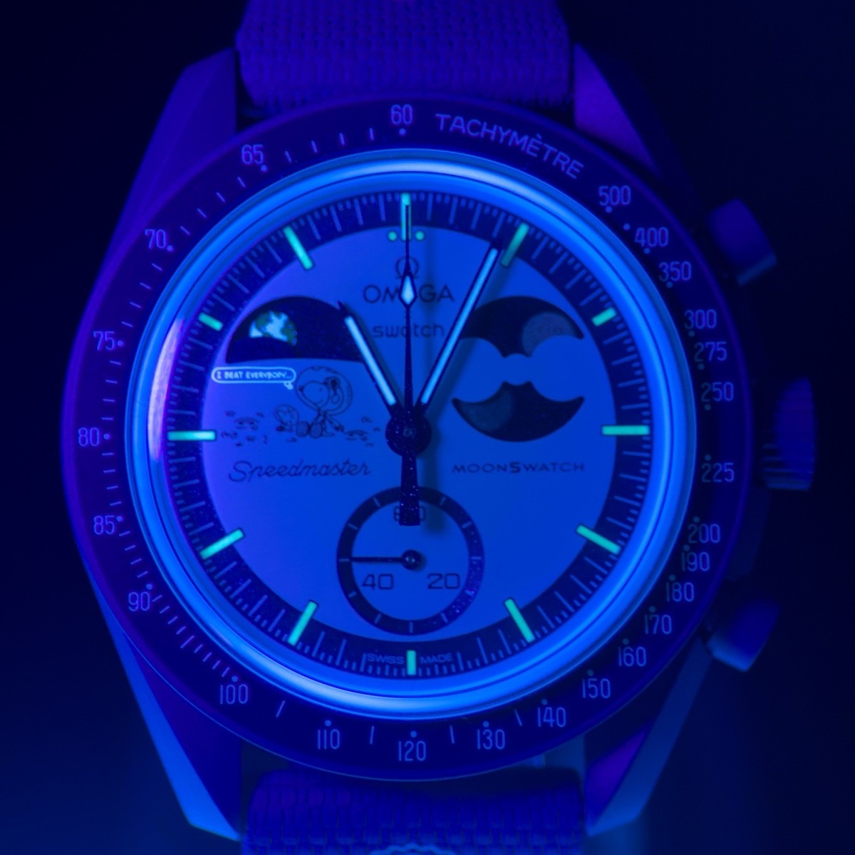 Omega Swatch MISSION TO EARTHPHASE MOONSHINE GOLD Snoopy Blue