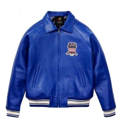 Mens Avirex Blue Real Bomber American Flight Jacket Leather Jacket
