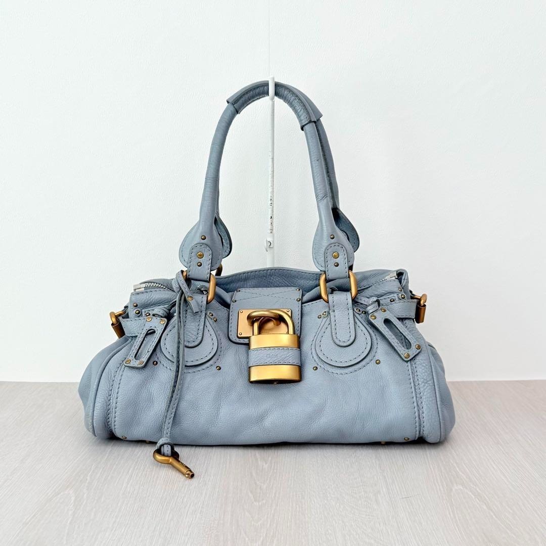 Chloe Paddington Handbag Tote Bag Leather Sky Blue Padlock Key