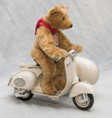 2005 Steiff Teddy Bear and Vespa Motor Scooter with Sidecar Roller