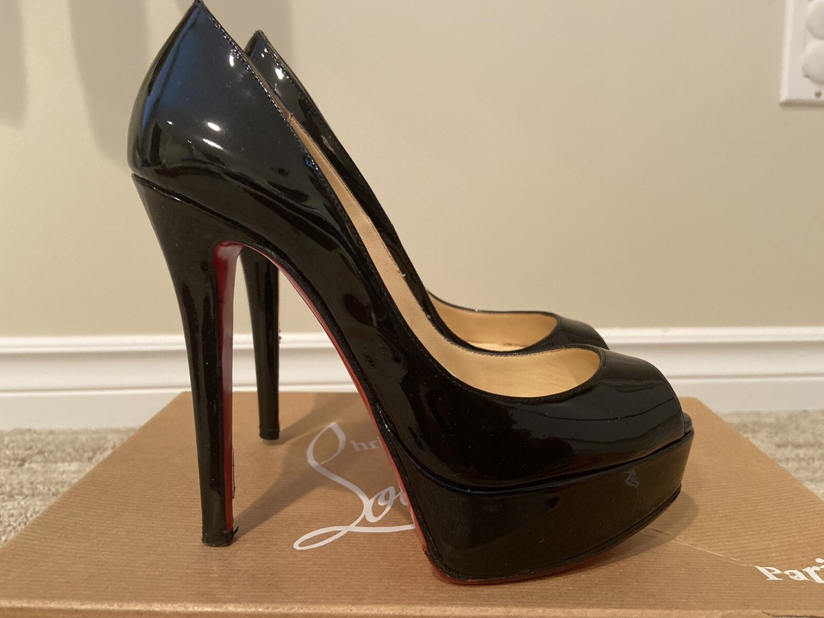 Auth Christian Louboutin black patent Lady Peep platform open toe