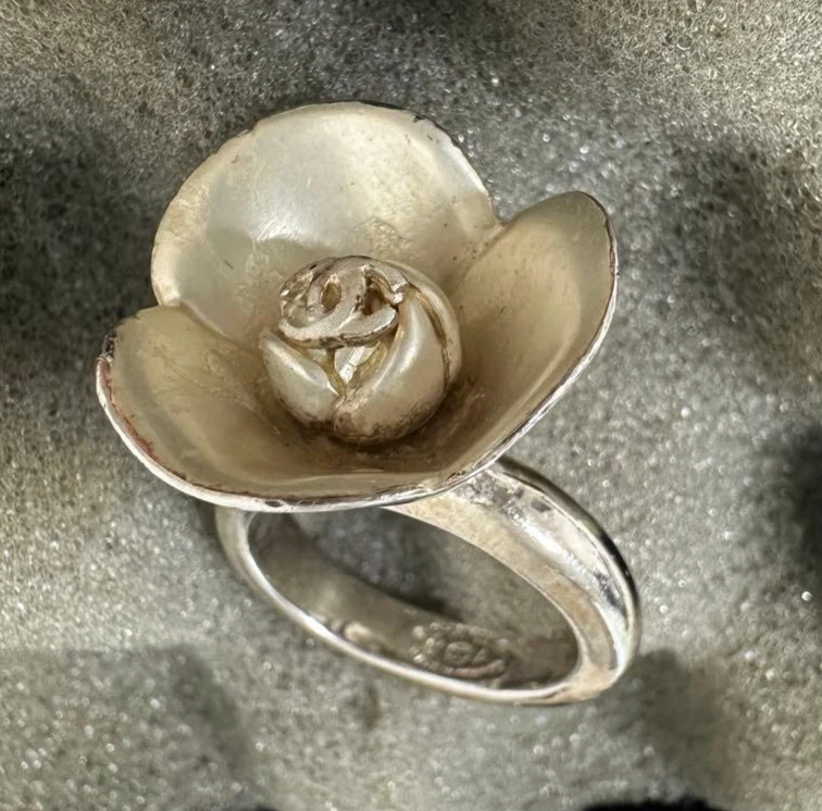 CHANEL Ring White Camellia Flower Coco Mark CC Logo Silver Tone