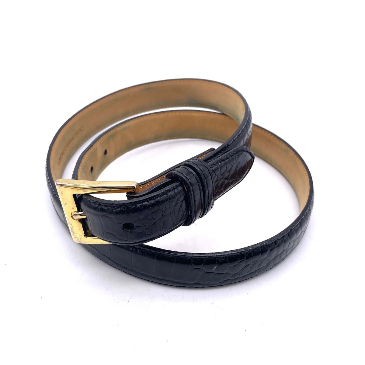 Saks Fifth Avenue Belt Black Large Embossed Croc Leather Gold Tone