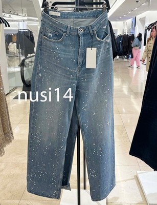 ZARA NEW WOMAN TRF HIGH-WAISTED STRAIGHT-LEG RHINESTONE JEANS BLUE