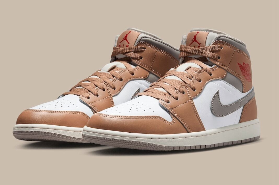 Nike Air Jordan 1 Mid Shoes Hemp Rattan White Grey Red DQ8426-200