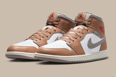 Nike Air Jordan 1 Mid Shoes Hemp Rattan White Grey Red DQ8426-200