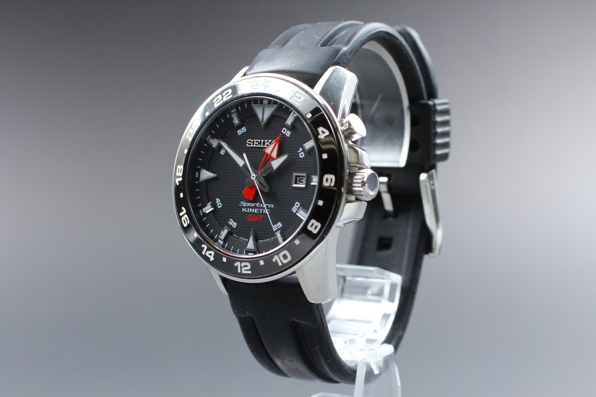 Near MINT] SEIKO Sportura Kinetic GMT 5M85-0AA0 Black Dial Men