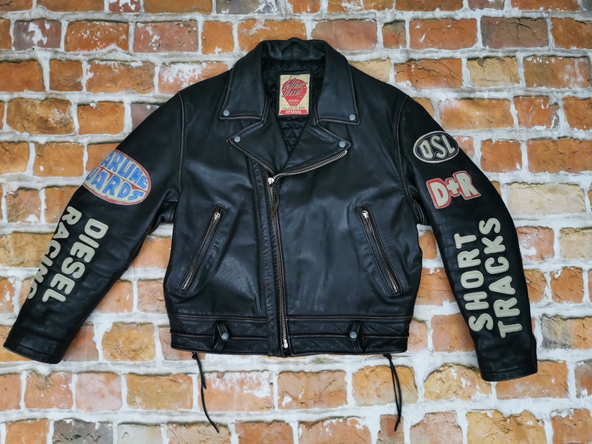 Diesel Dsl Racing Vintage Biker Leather Jacket Short Tracks Black