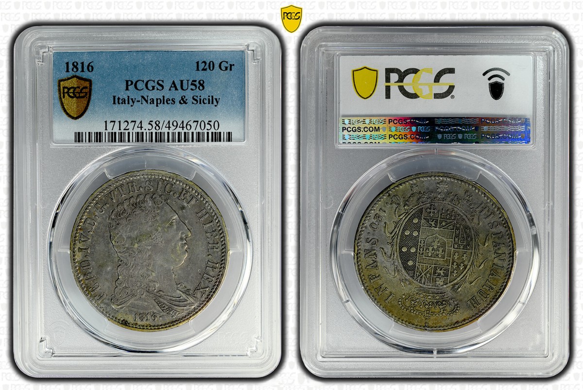 Naples & Sicily Piastre of 120 Grana 1816 Ferdinando IV PCGS AU58