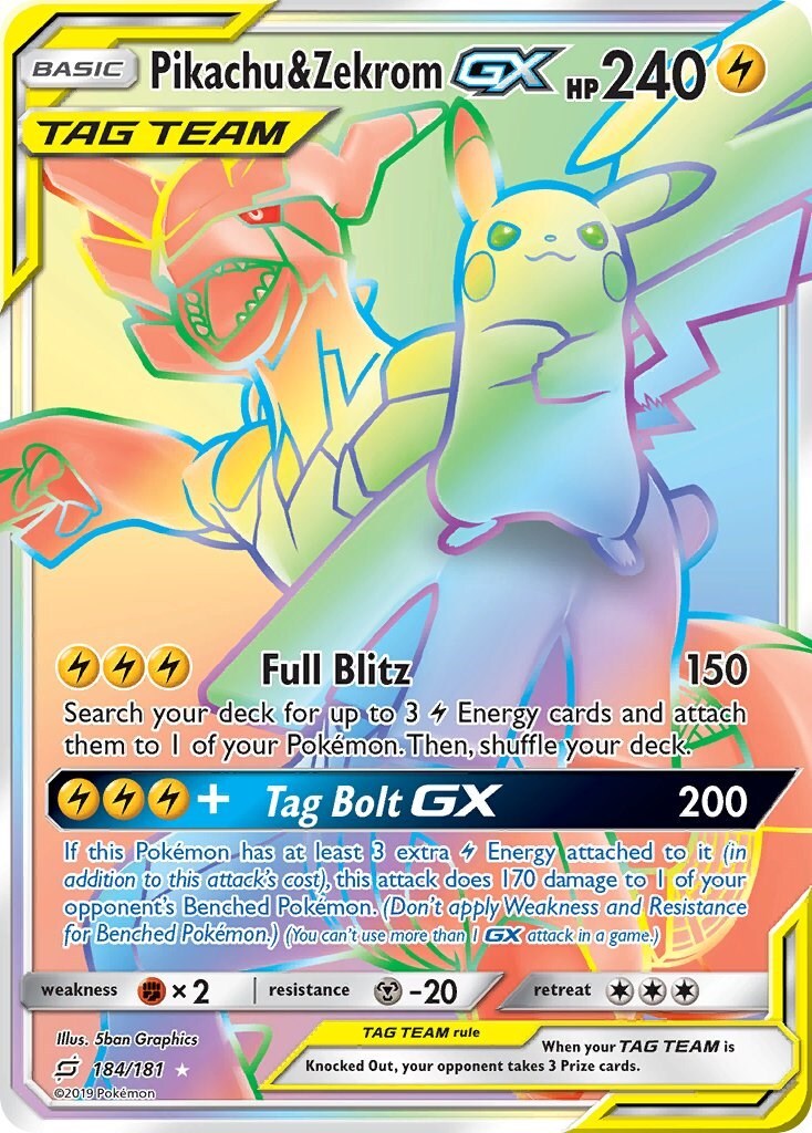 PSA 9 PIKACHU & ZEKROM GX 184 TEAM UP SECRET RAINBOW RARE SUN