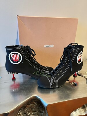 Miu Miu Club Prada Race Patch Sneaker Boot Black Gabardine Red