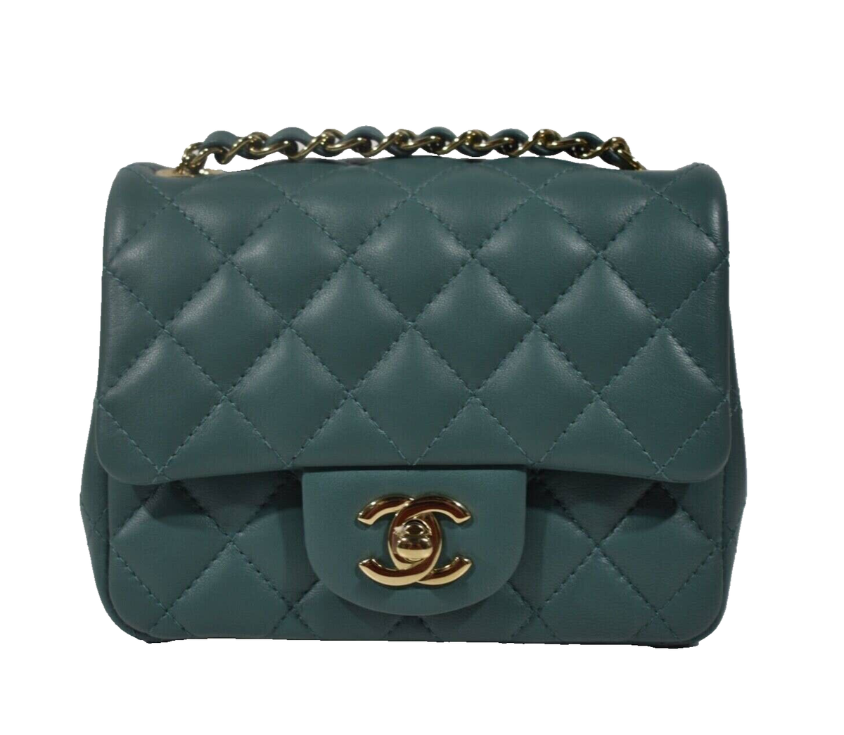 Chanel 21A Green Square Mini Flap CC Logo Quilted Gold Chain