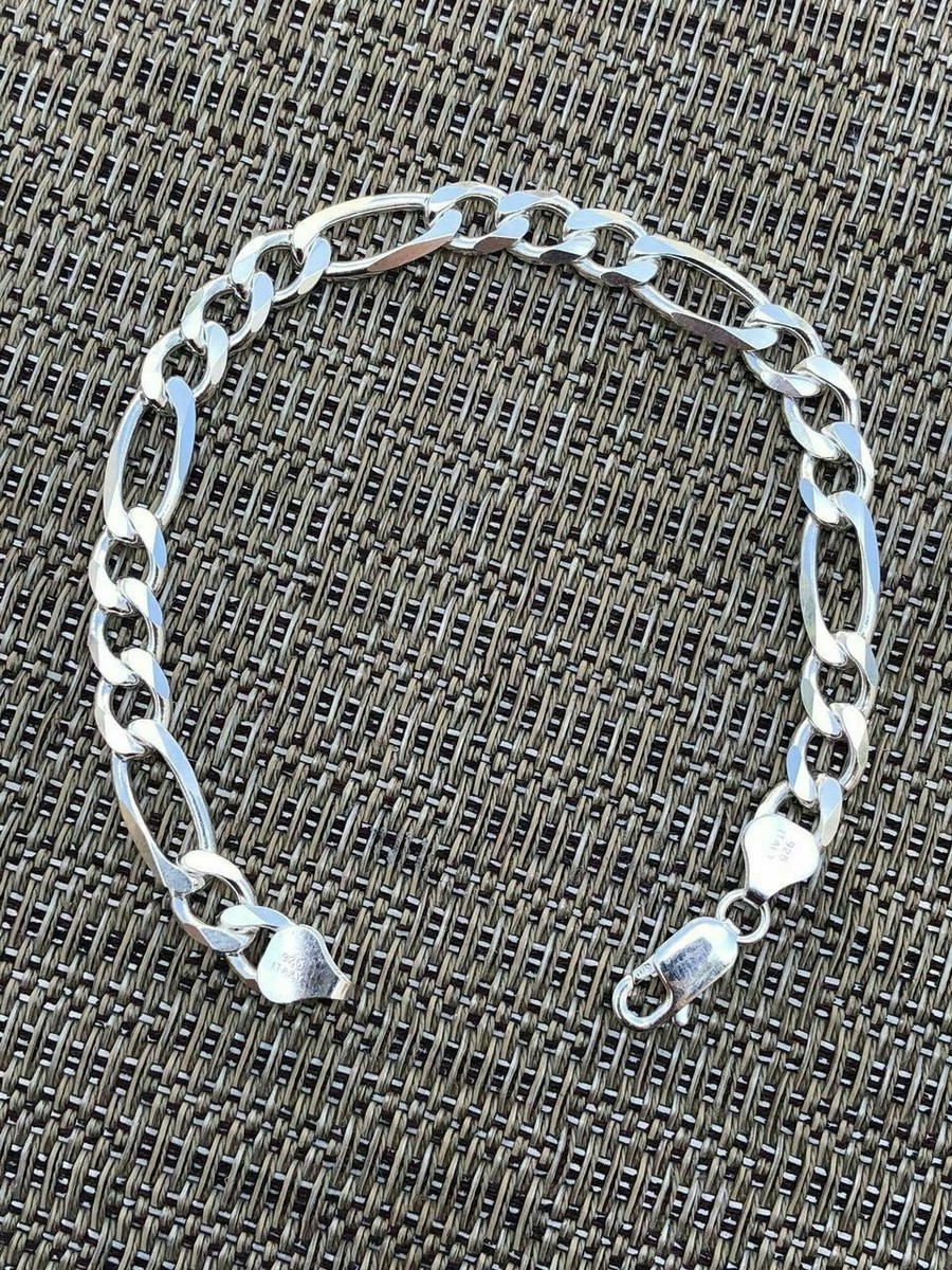 Men's Thick 7.5mm Figaro Bracelet Solid 925 Sterling Silver 8