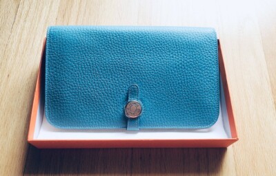 New Authentic Hermes Togo Leather Dogon Long Wallet Blue Color( in