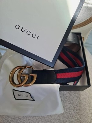 Gucci Belt Brass Buckle Marmont, Red & Navy Blue Belt strap, 105