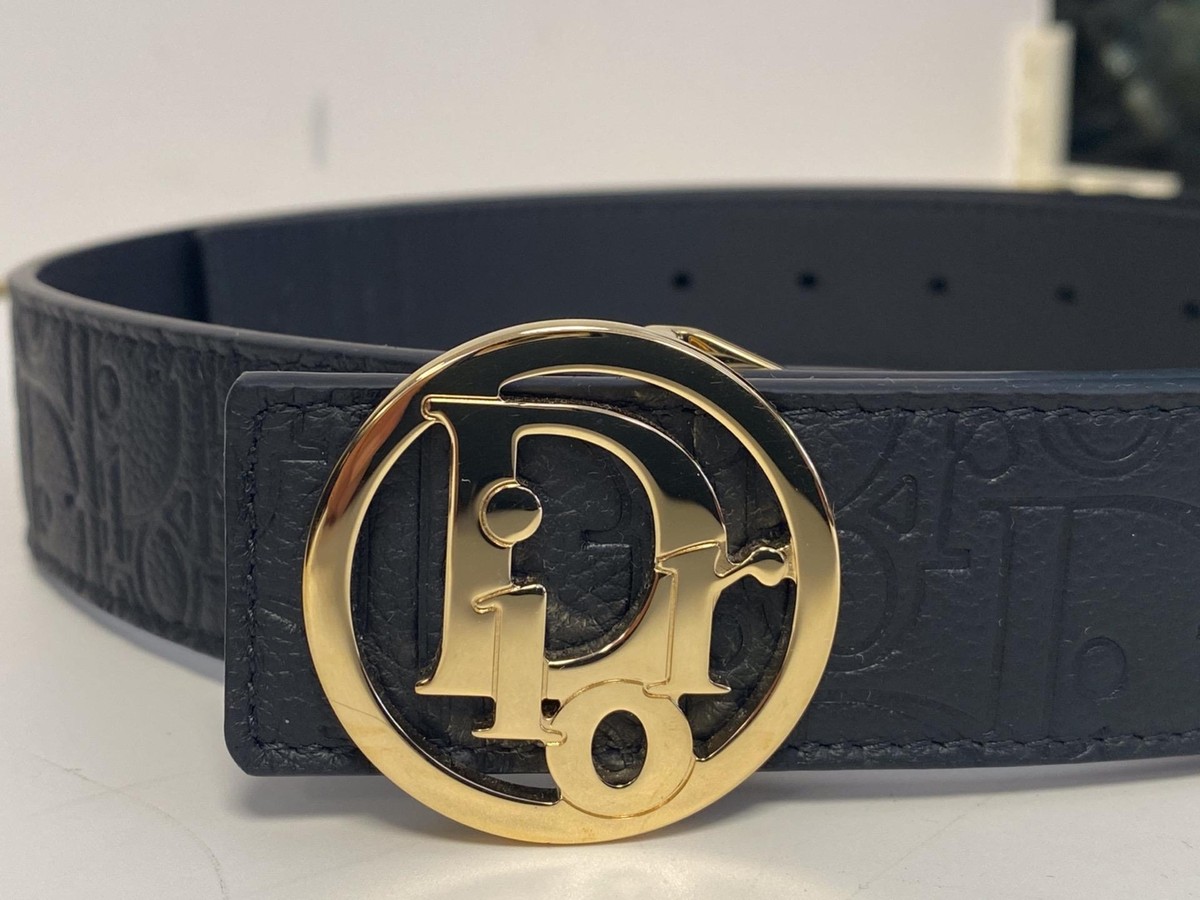 DIOR Men Black Leather Reversible Belt 35mm w/Gold Oblique Dior