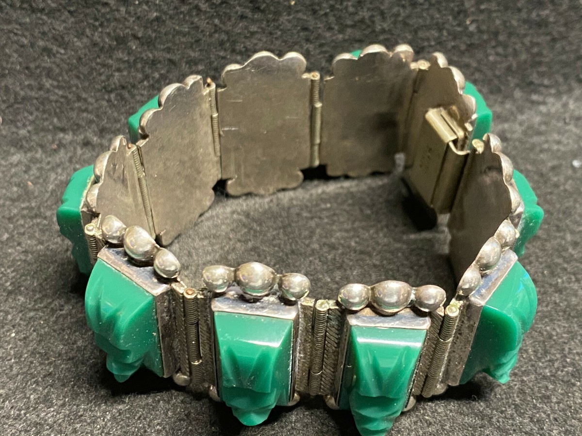 Vtg Mexico Silver .925 Bracelet with Green Stone Carved Aztec