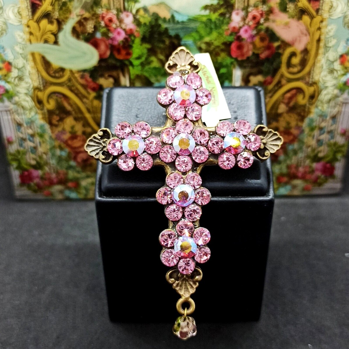Michal Negrin Cross Brooch Large Pink Flowers With Swarovski