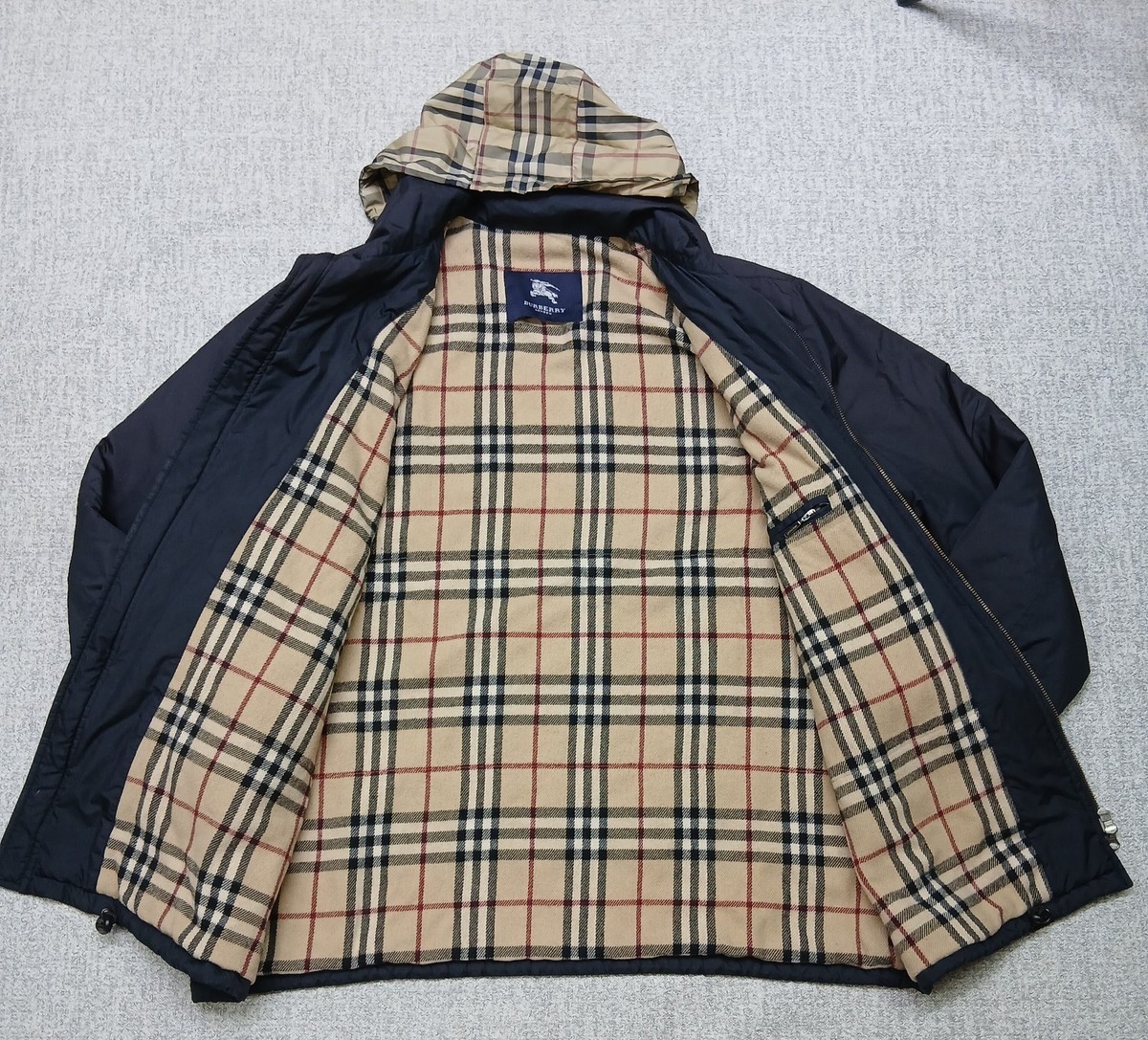 Burberry London Hooded Winter Jacket Blue Nova Check Wool Lined