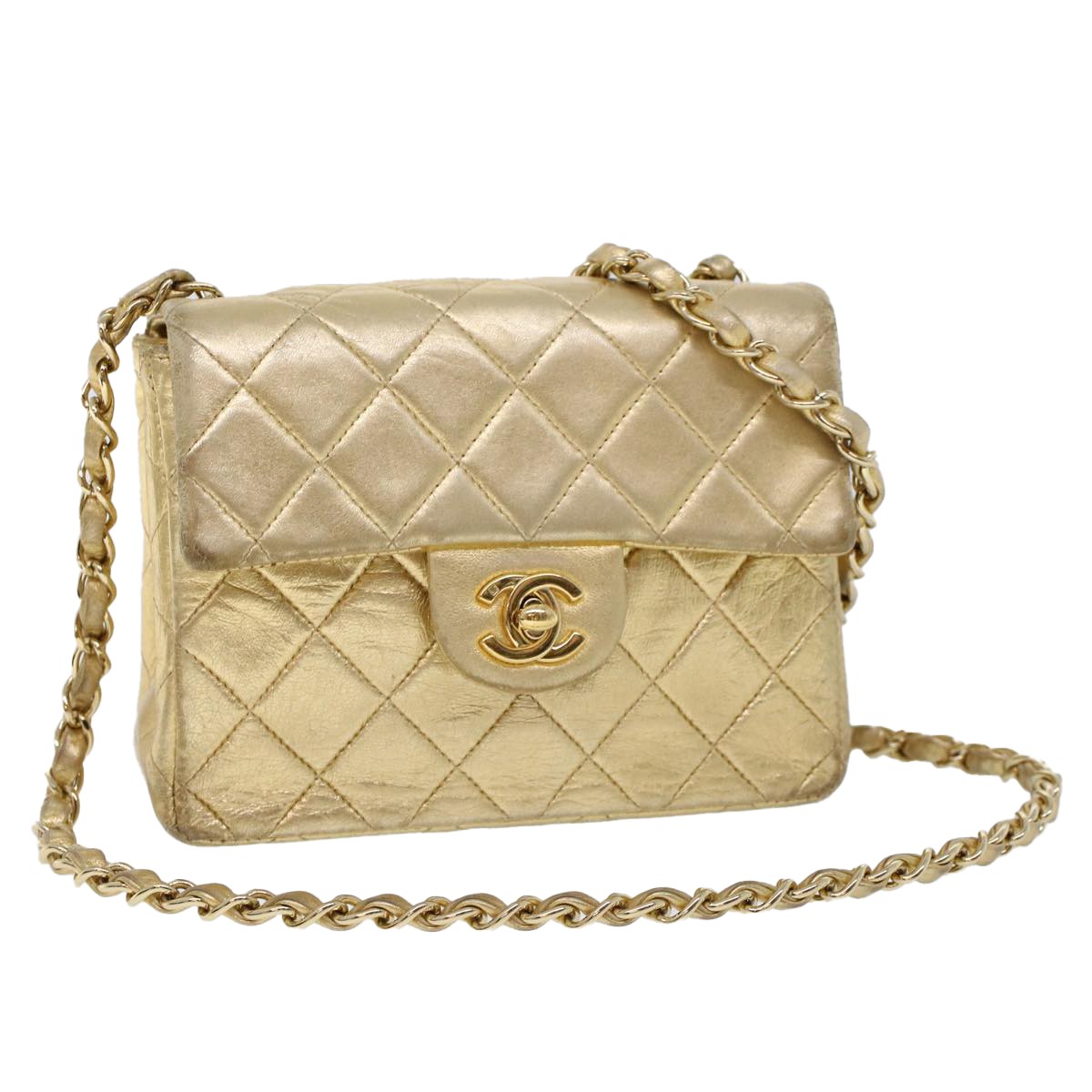 CHANEL Matelasse 17 Turn Lock Chain Shoulder Bag Lamb Skin Gold CC
