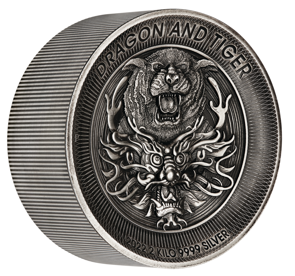 Dragon and Tiger 2022 2 Kilo 9999 Silver Antiqued High Relief $60