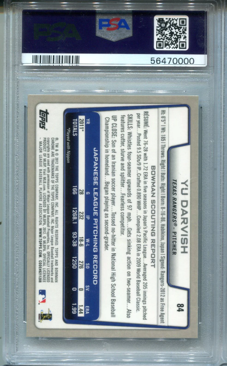 Yu Darvish 2012 Bowman Chrome #84 PSA Mint 9 Card | eBay