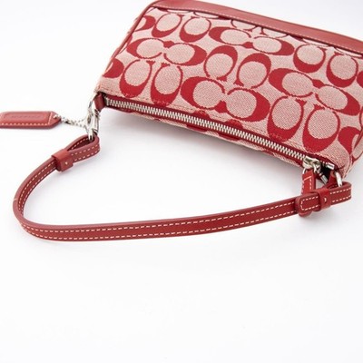 COACH Signature Demi Mini Pouch Shoulder Bag Canvas Leather Red