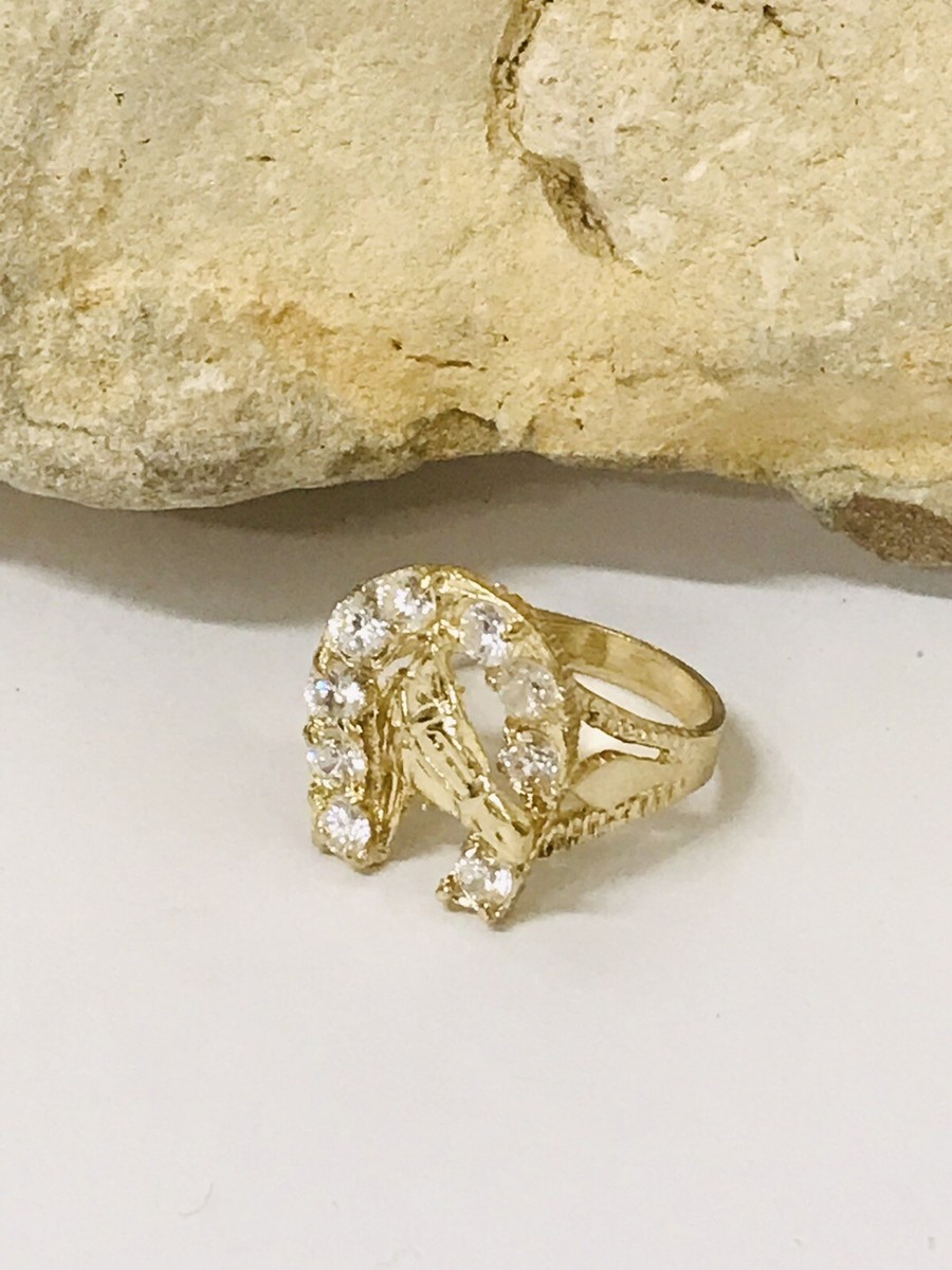 10K /417 Yellow Gold Cubic Zirconia Stone Horse Shoe & horse head