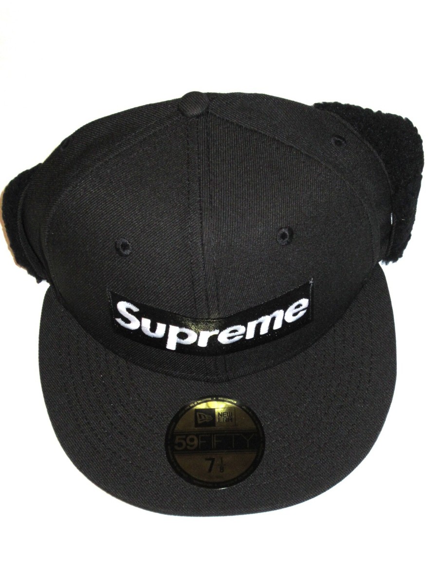 SUPREME x New Era Ear Flap Box Logo Fitted Hat Cap BLACK 7 1/8 NEW