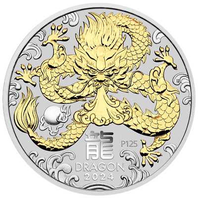 2024 Australia Lunar Year of the Dragon GILDED 1oz Silver $1 Coin